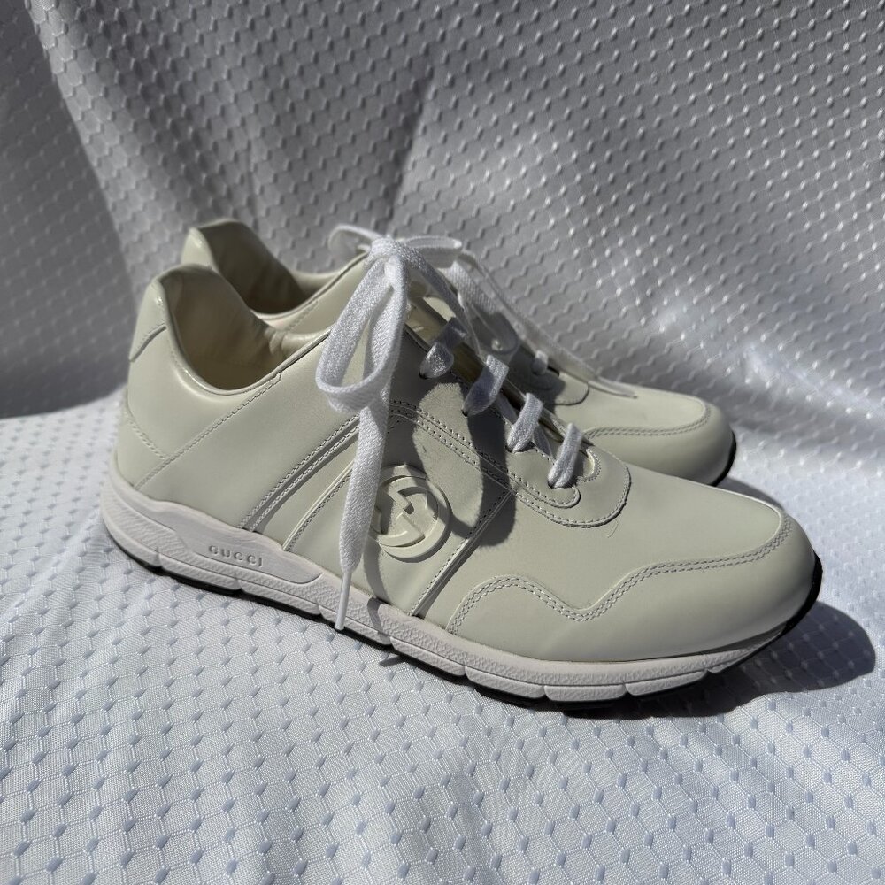 Gucci White Interlocking G Leather Sneakers GG Size 38 / 8 US All White